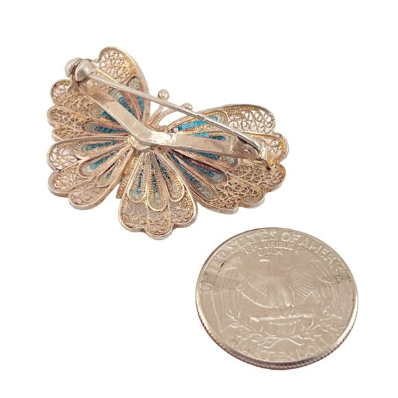 Chinese Export 1970s Blue Enamel Butterfly Pin Brooch Filigree 900 Silver - Picture 10 of 11